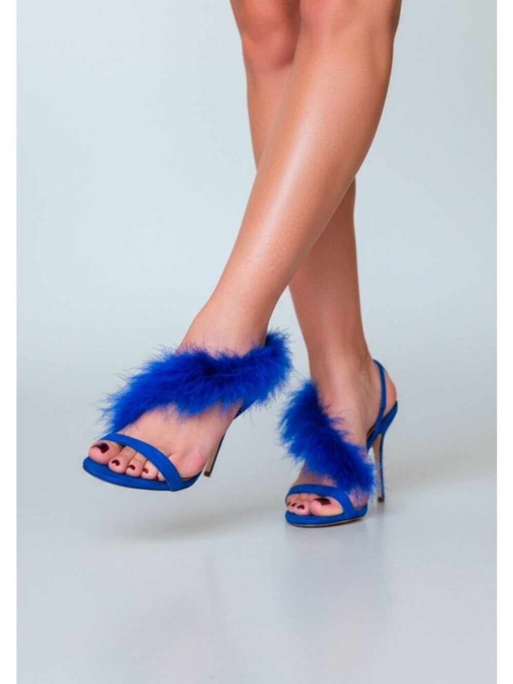 Blue Feathered Open-Toe Stiletto Heels With Side Straps & Faux Suede Finish